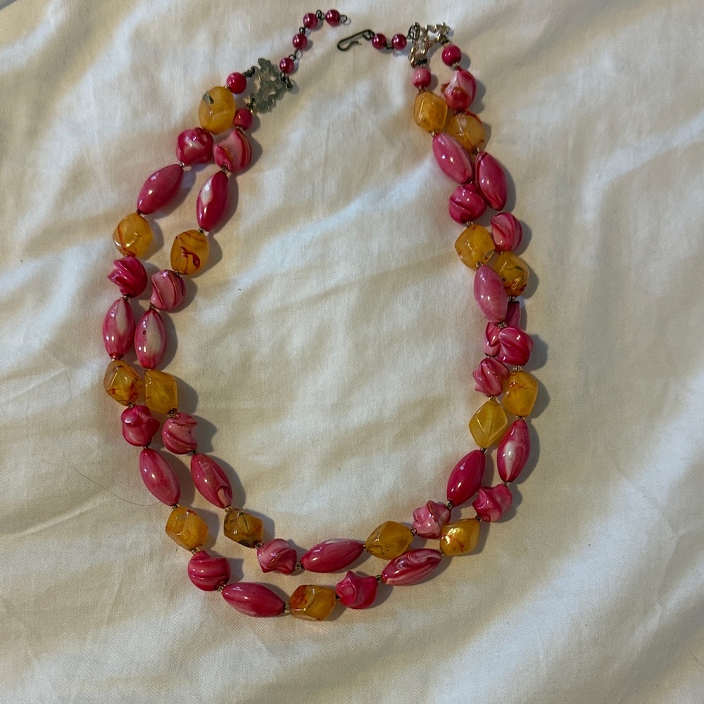 Vintage Pink and Yellow Beaded Necklace